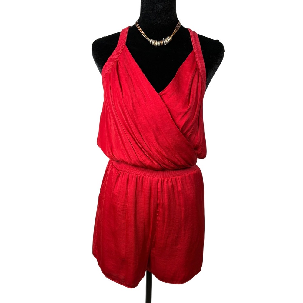 Judith March Romper Womens Small Red Wrap Front Racerback Satin  Summer Chic